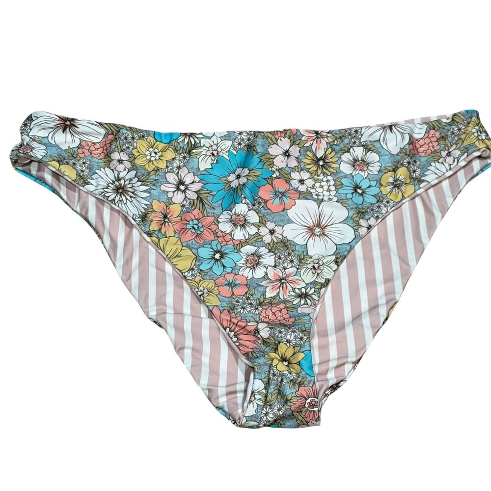 O'Neill Reversible Bikini Bottom Size M Floral Pink Stripe Hipster Swim NWT